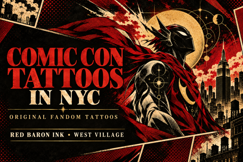 Red, black and gold Comic Con tattoo artwork featuring an original masked hero and the NYC skyline for Red Baron Ink in the West Village.
