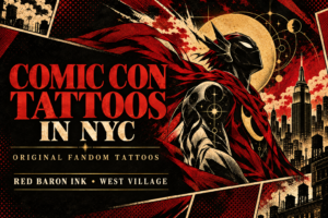 Red, black and gold Comic Con tattoo artwork featuring an original masked hero and the NYC skyline for Red Baron Ink in the West Village.